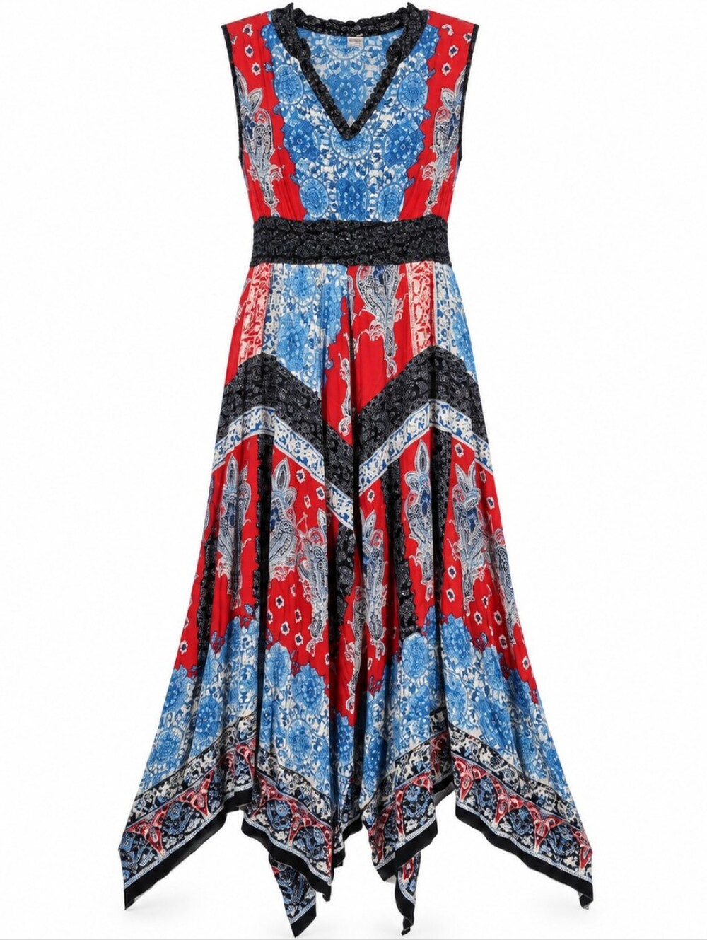 Bila Paisley Boho Maxi Dress L Handkerchief Hem Crochet Trim Red Blue Colorful